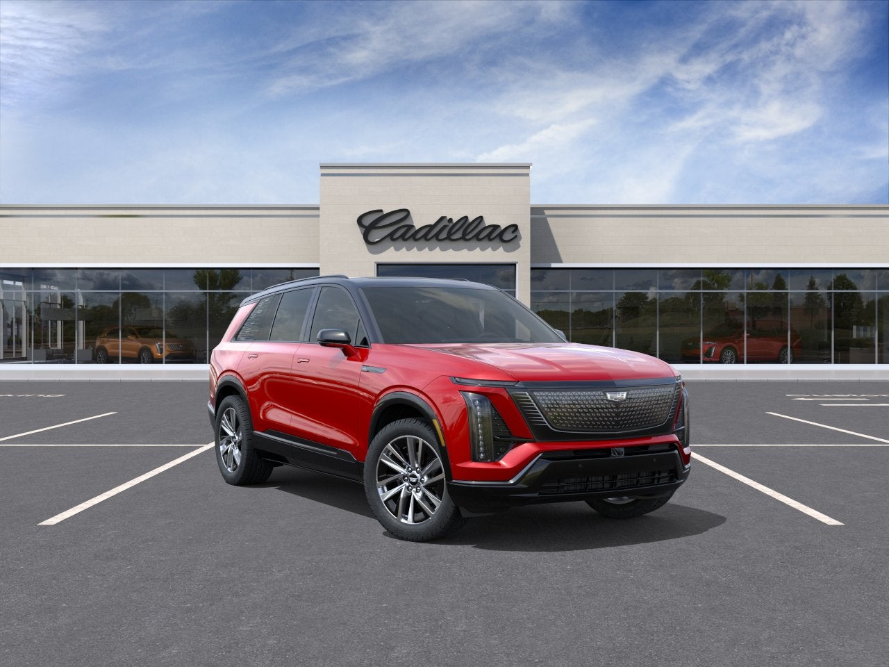 2026 Cadillac VISTIQ Sport in Radiant Red Tintcoat — front three-quarter view