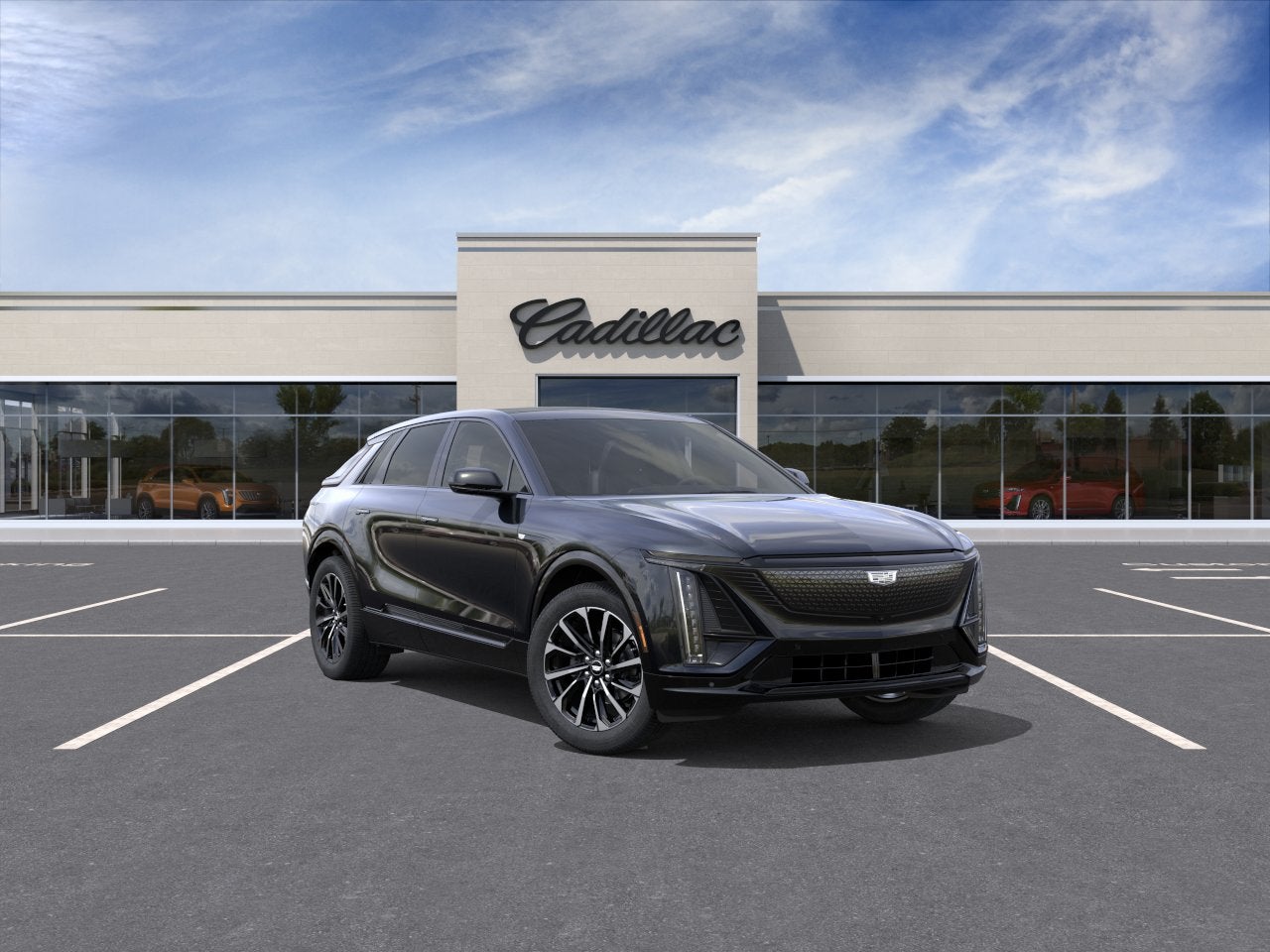 2026 Cadillac LYRIQ Premium Sport in Stellar Black Metallic — front three-quarter view